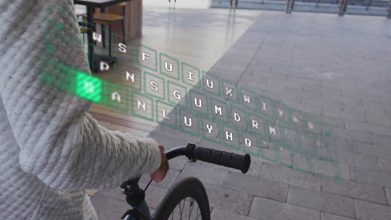 Holding bicycle, person using floating holographic keyboard animation in city setting