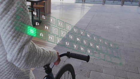 holding bicycle, person using floating holographic keyboard animation in city setting