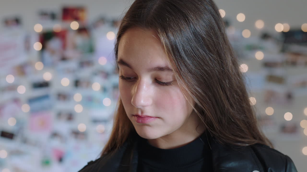 ritratto di una bella adolescente in cerca di sicurezza adolescente a casa adolescente immagine di sé concetto 4k footage