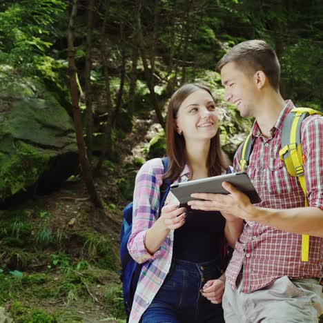 un par de turistas con mochilas se orientan en el bosque usan una tableta