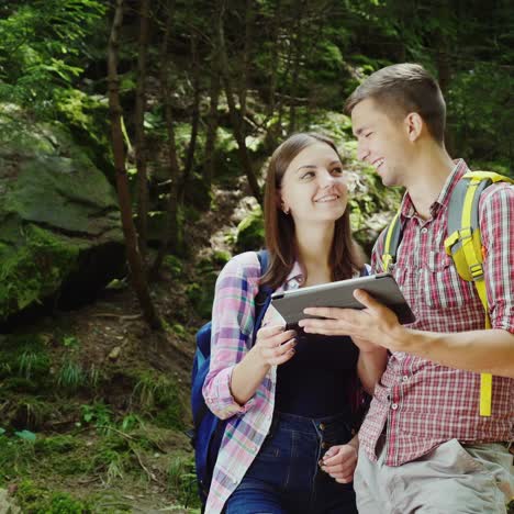 a couple of tourists with backpacks orient themselves in the forest use a tablet