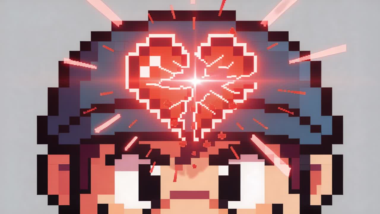 Cuore a pixel rotto pulsante che si eleva sopra una testa a pixel con cappellino blu, lasciando cadere pixel rossi su sfondo grigio