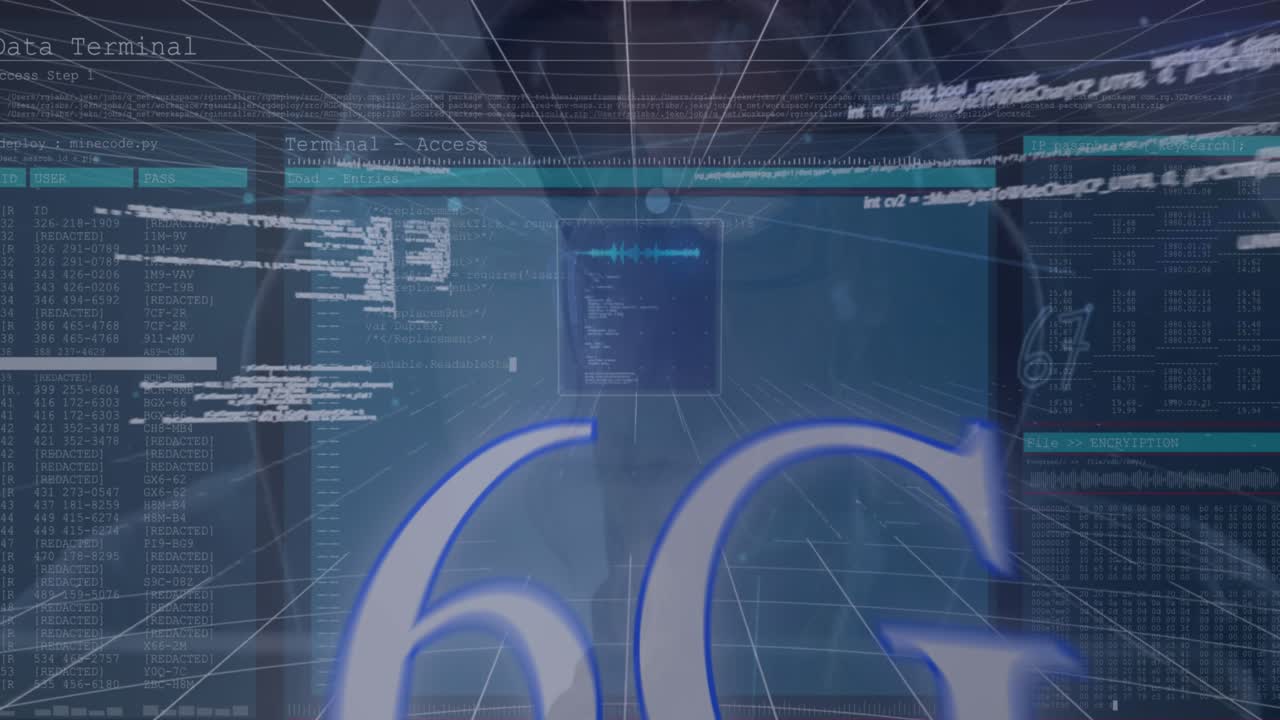 Animation of networks of connections and data processing over black background
