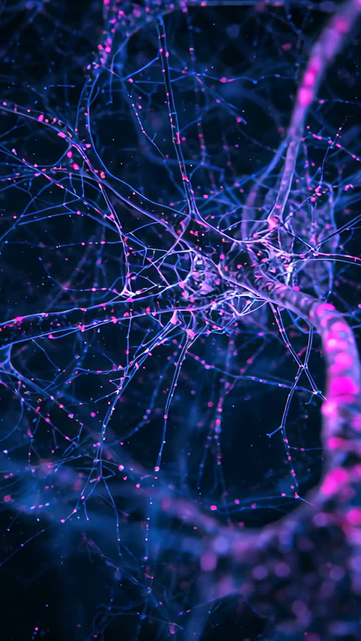 Vertical video: Zooming camera in CGI field toward core hub, revealing magenta nodes moving