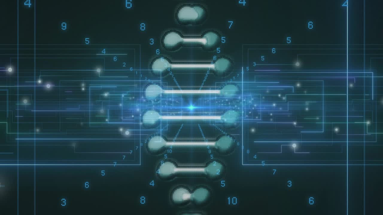 Numbers converging on node starting helix rotating and pulsing with panels, for tech visualization