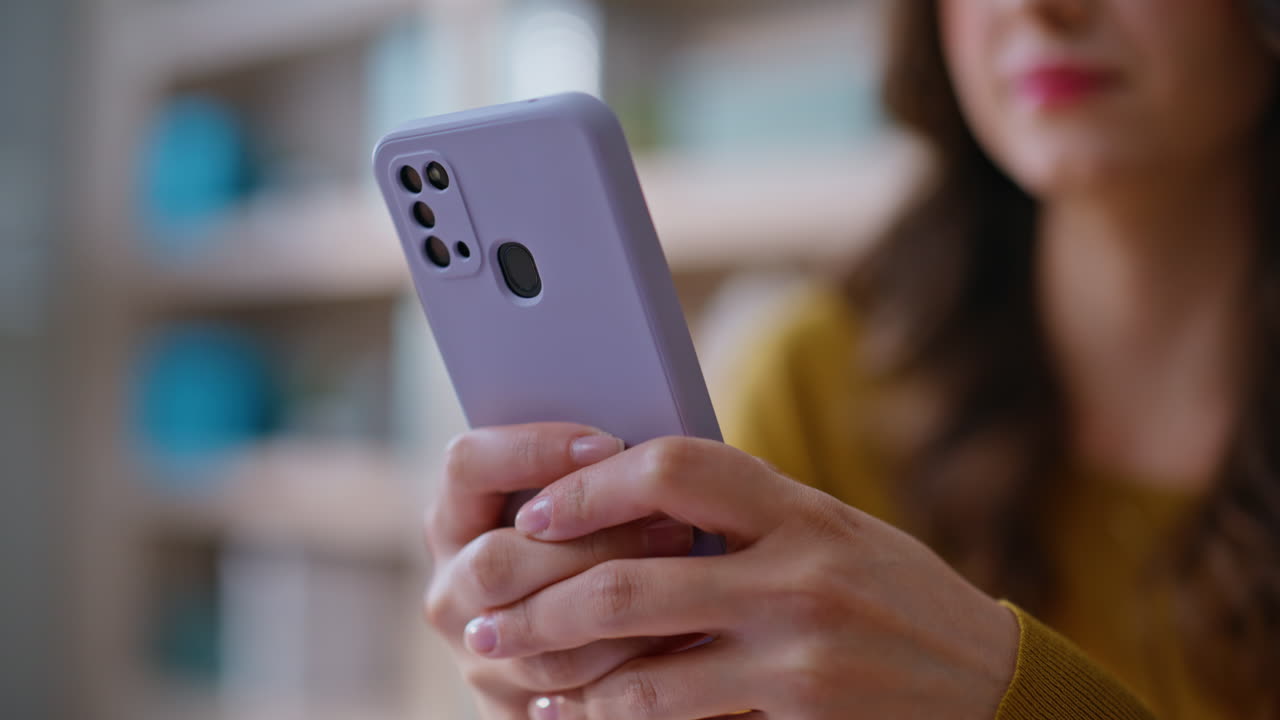 Student hands messaging smartphone at office closeup. Businesswoman texting