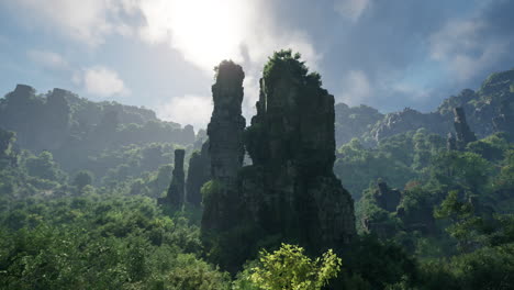 misty mountain landscape with ancient rock formations