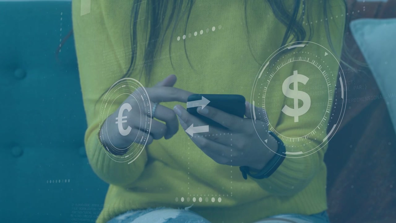 Adult woman tapping phone on couch, initiating animated currency HUD and completing transfer