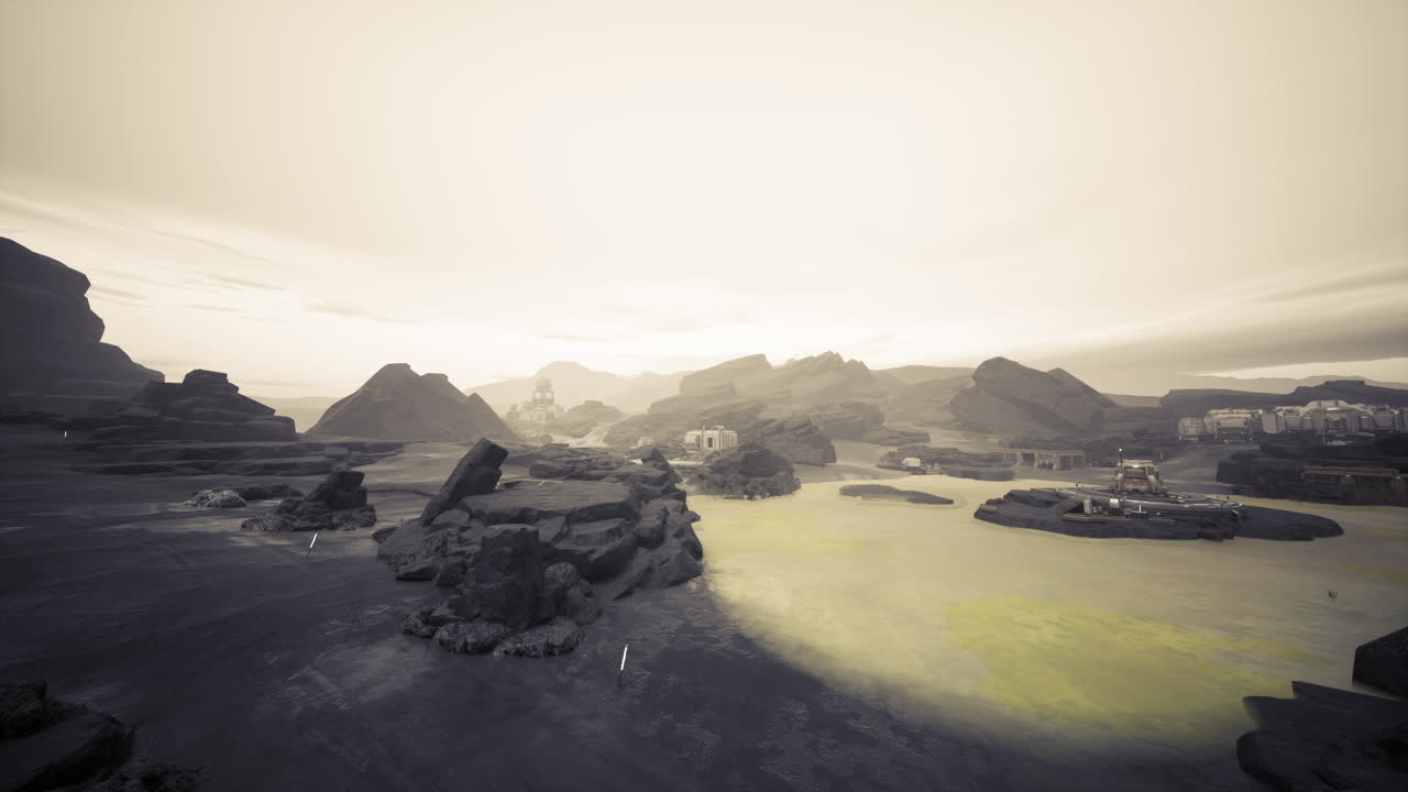 Cinematic aerial view of sepia rocky coastline and green lagoon