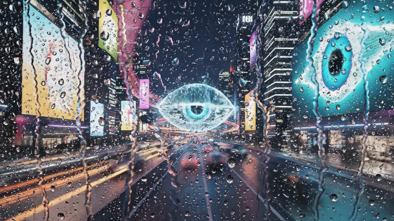 Futuristic Cityscape Through a Rainy Window