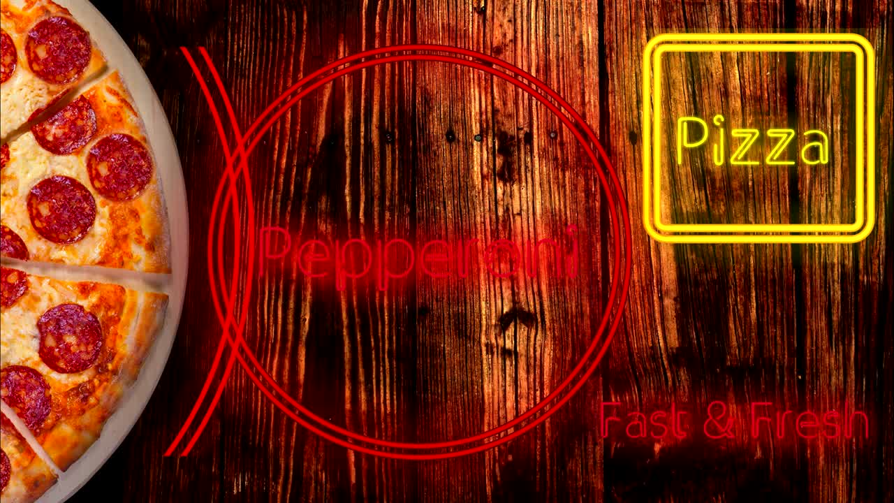 페페로니 피자 배경의 영상, 빛나는 네온 글자로 된 피자 가게 표지판의 이미지.