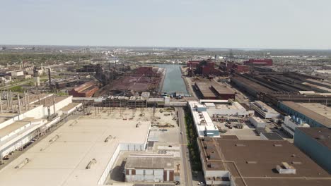 aerial forwarding shot of river rouge complex, steel mill and die shop, dearbon michigan, usa