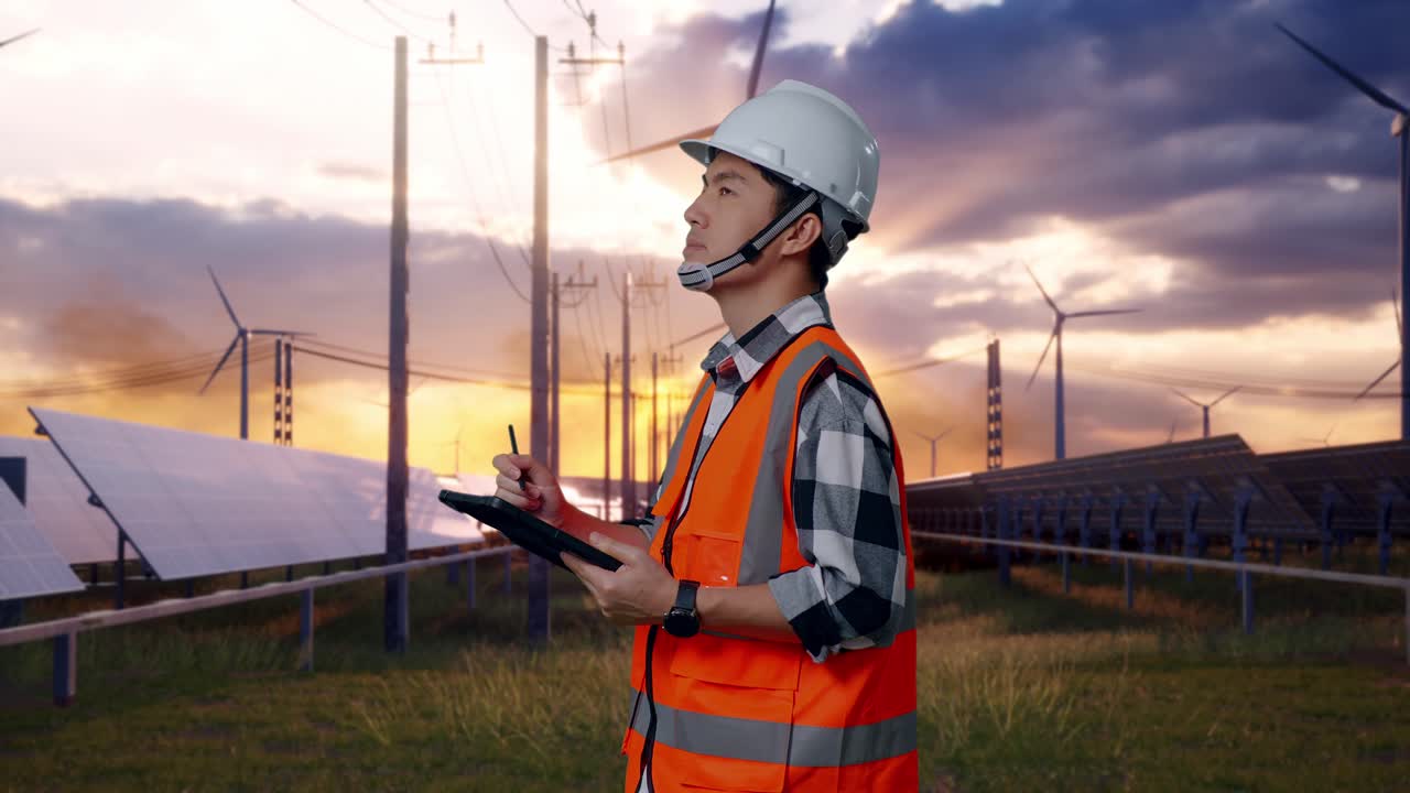 Side View Of Asian Male Engineer With Safety Helmet Taking Note On The Tablet And Looking Around While Standing With Solar Panel and Wind Turbines
