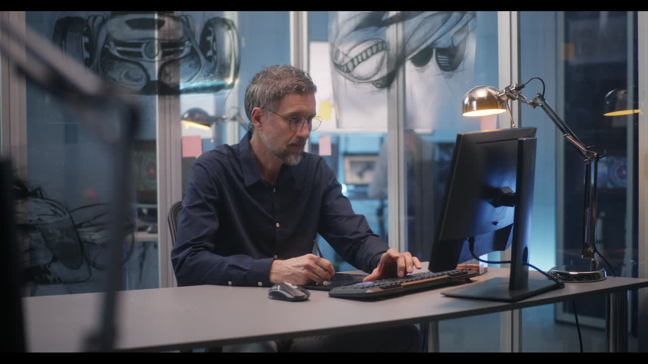 현대 사무실에서 컴퓨터로 작업하는 디자이너