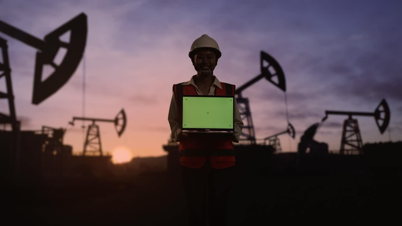 ingeniera asiática con casco de seguridad inspecciona bombas de petróleo al amanecer en un gran campo petrolífero. sonriendo y mostrando una computadora portátil de pantalla verde a la cámara