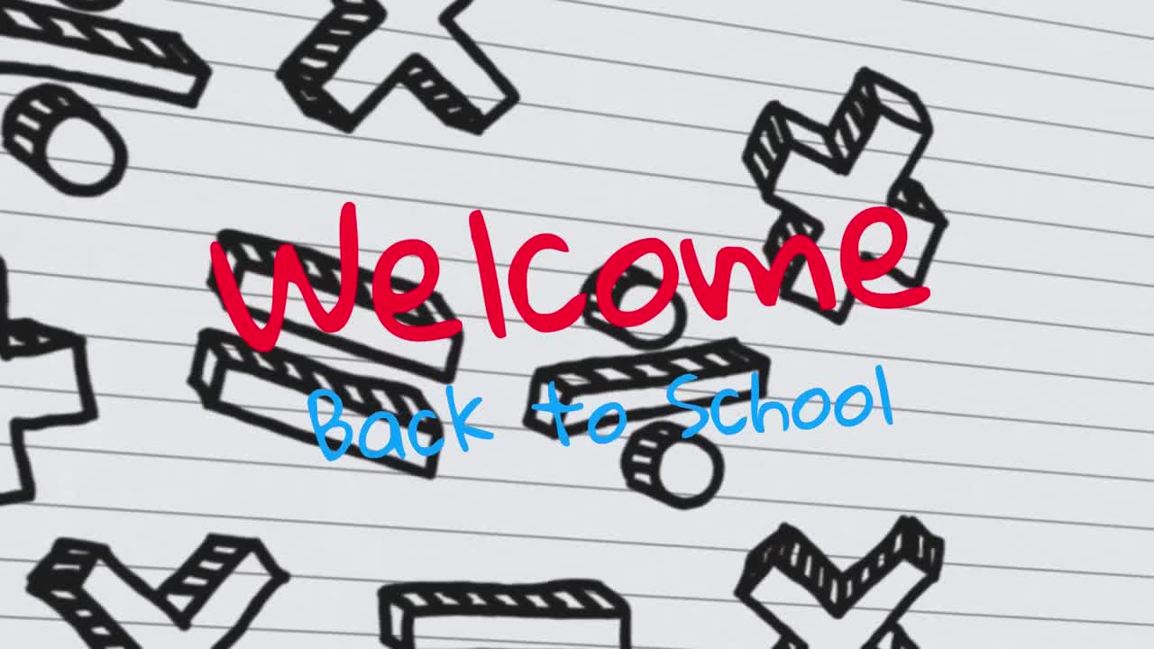 학교로 돌아오신 것을 환영합니다.  ⁇ 색 선으로 된 종이에 수학적 기호를 대비한 텍스트