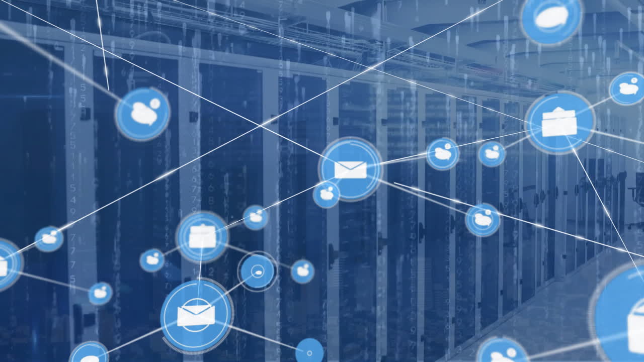 Animation of network of connections with icons and data processing over computer servers