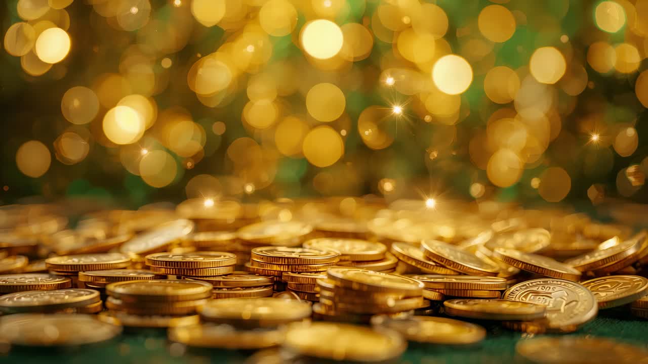 Pulling focus low-angle camera revealing shimmering gold coins on green felt, warm bokeh lights