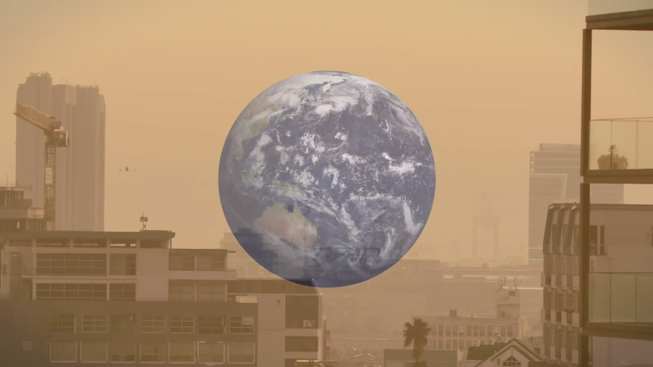Animating Earth over cityscape with buildings under hazy sky atmosphere