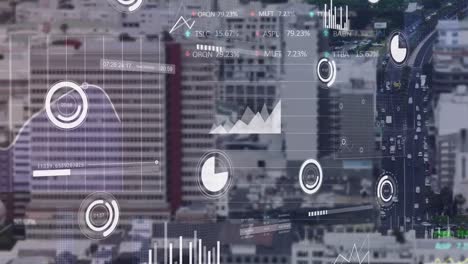 Animation-of-graphs,-trading-boards,-loading-circles,-bars,-time-lapse-of-moving-vehicles-in-city