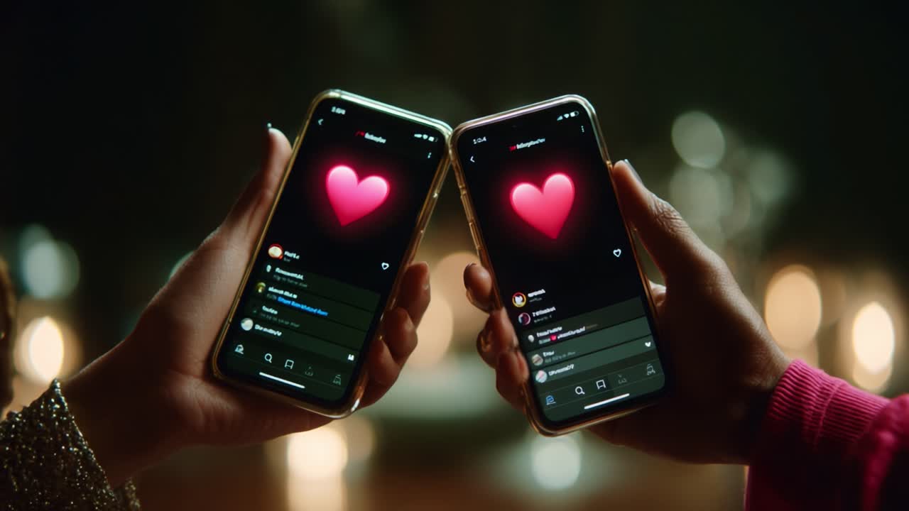 Two hands holding smartphones displaying glowing heart icons, illuminated by soft background lights, capturing a moment of connection and emotion through social media interaction