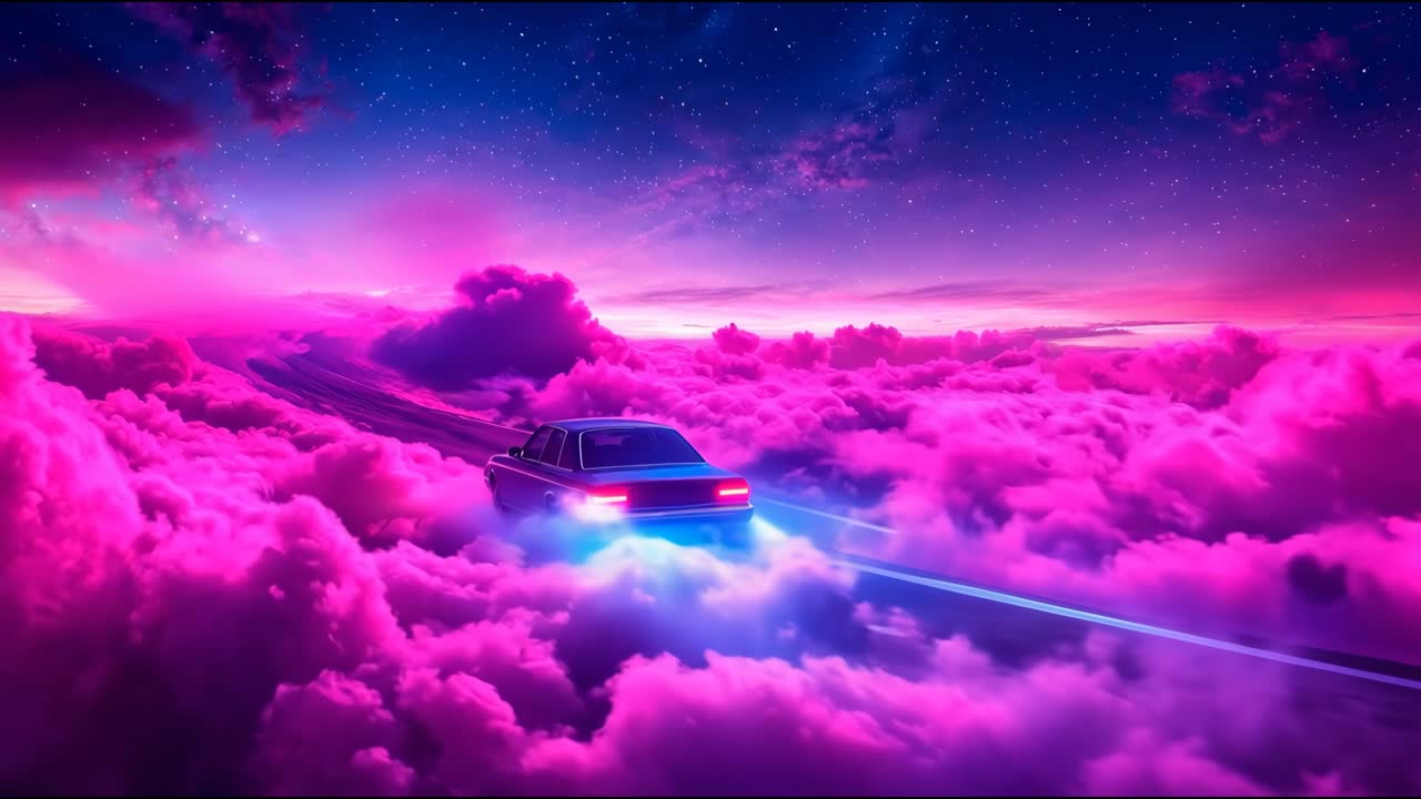 Auto retrò che guida attraverso nuvole al neon di notte