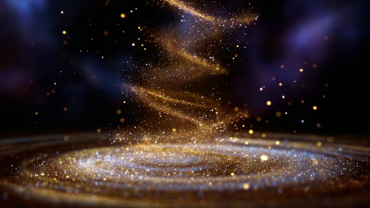 Un affascinante spettacolo di bellezza cosmica si rivela mentre scintillanti particelle dorate spiraleggiano verso l'alto attraverso l'oscuro vuoto dello spazio, creando un incantevole vortice visivo che cattura l'occhio e accende l'immaginazione.