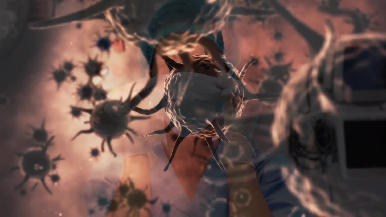 Animation of covid 19 cells floating over surgeon in face mask