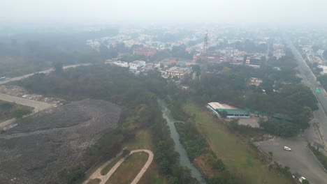 early morning punjab city bird eye view mohali india drone shot winter fog