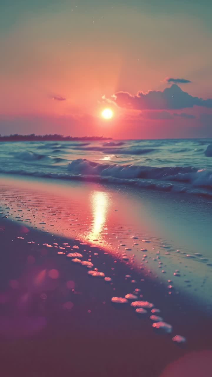 A mesmerizing sunset over ocean waves, captured from a low angle