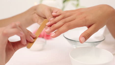 beautician filing female clients nails at spa beauty salon