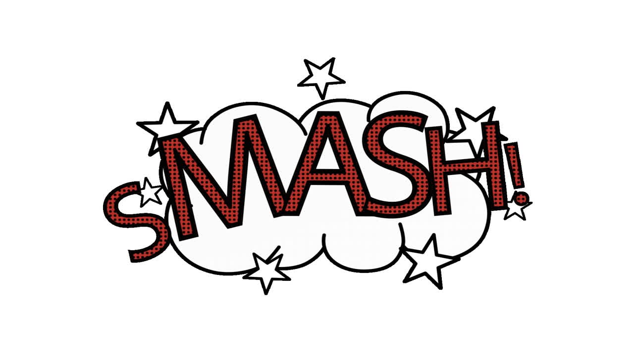 smash!, lol!, bang!, poof! kaboom!! 및 splash!라는 단어와 함께 코 스피치 버블의 애니메이션