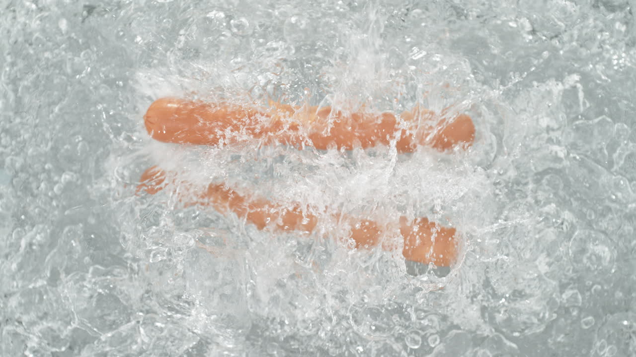 비엔나 소시지가 는 물 비에 떨어지면서 느린 동작으로 스플래시를 만들고, 테이블  뷰