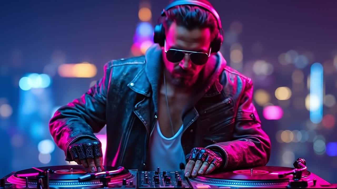 A man in a leather jacket and sunglasses playing a dj set