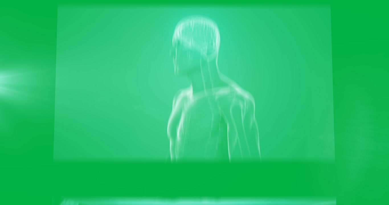 Telecamera in movimento che avanza attraverso pannelli luminosi in un percorso color verde acqua, rivelando DNA e una figura wireframe