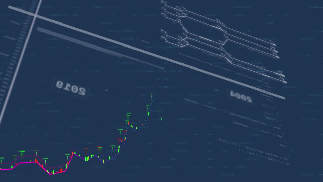 animación de la interfaz con el procesamiento de datos financieros contra un fondo azul.