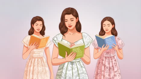 three illustrated women reading books