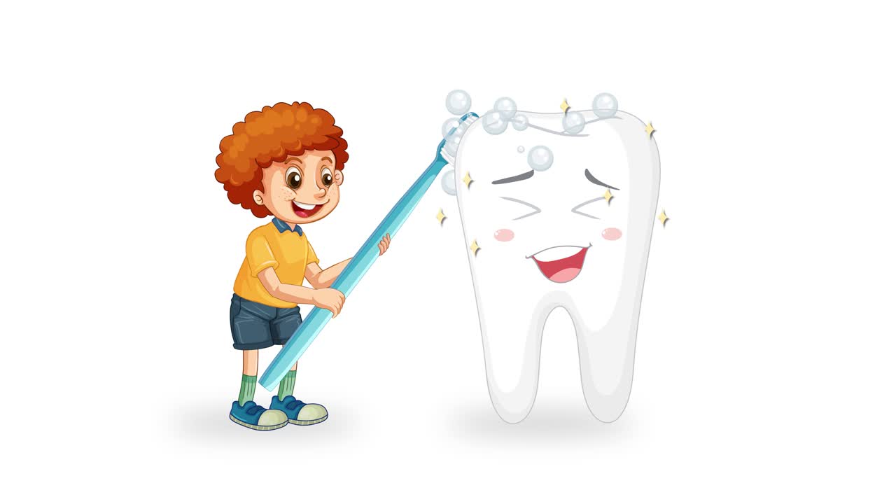 A cheerful boy uses a large toothbrush to clean a smiling cartoon tooth, creating foamy bubbles and sparkling results in a bright, simple animation