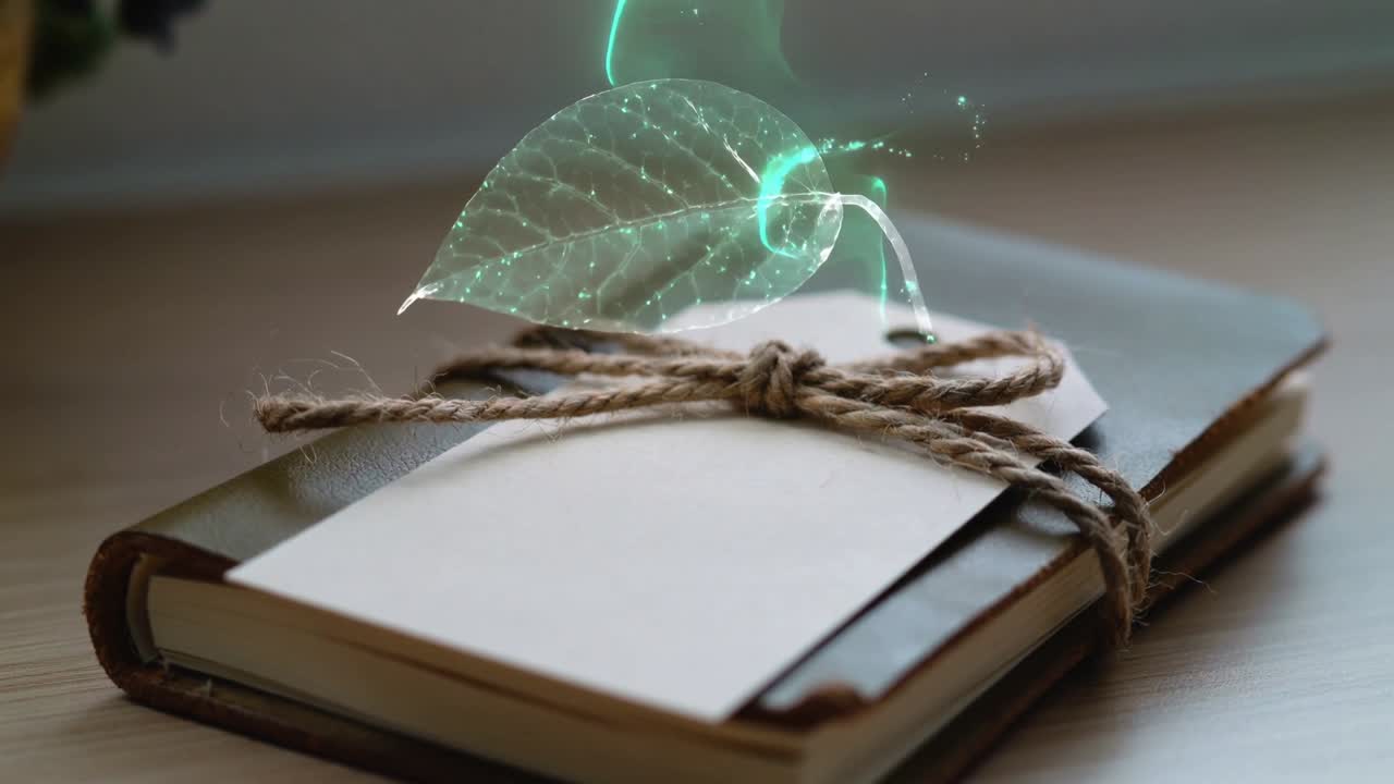 Tied notebooks, card, twine near window, teal glow forming into hovering holo leaf showing design