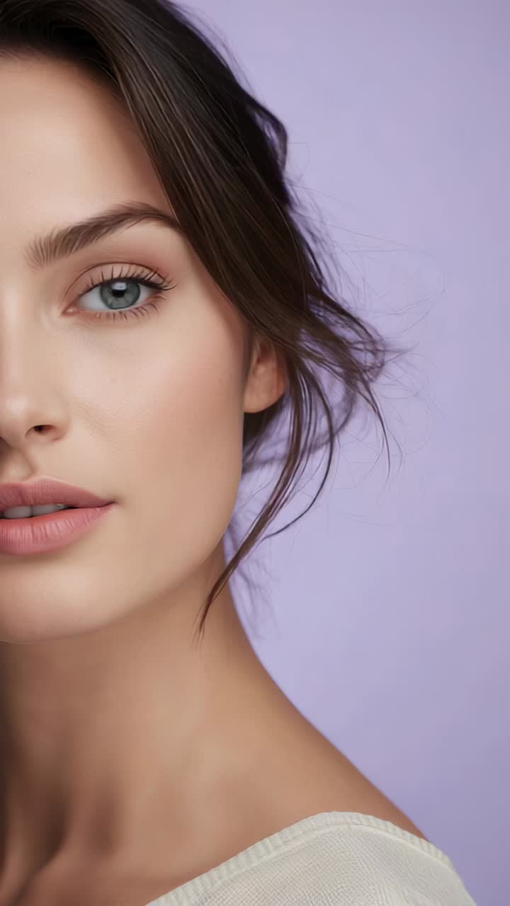Vídeo vertical: modelo grabando con cámara parpadeando, pelo moviéndose en el estudio, top color crema para sesión de belleza