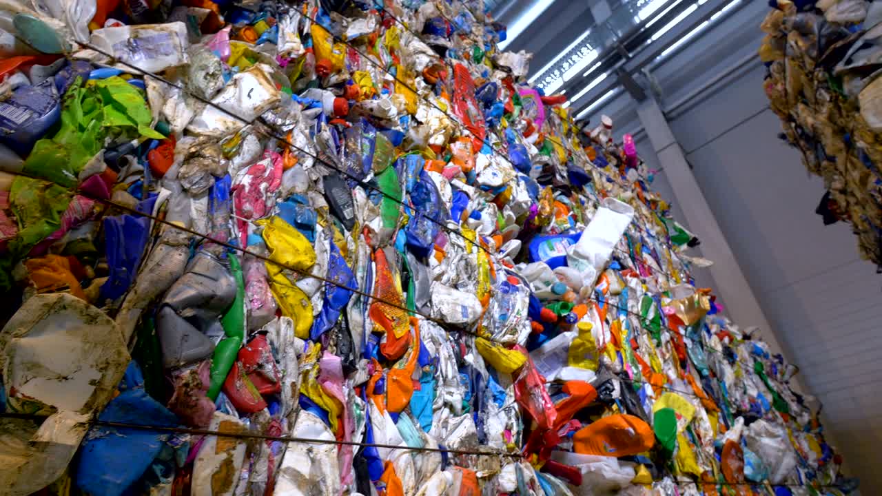 반려동물 병을 재활용하여 큰 어리로 수집합니다. 쓰레기 분류 센터. dolly shot.