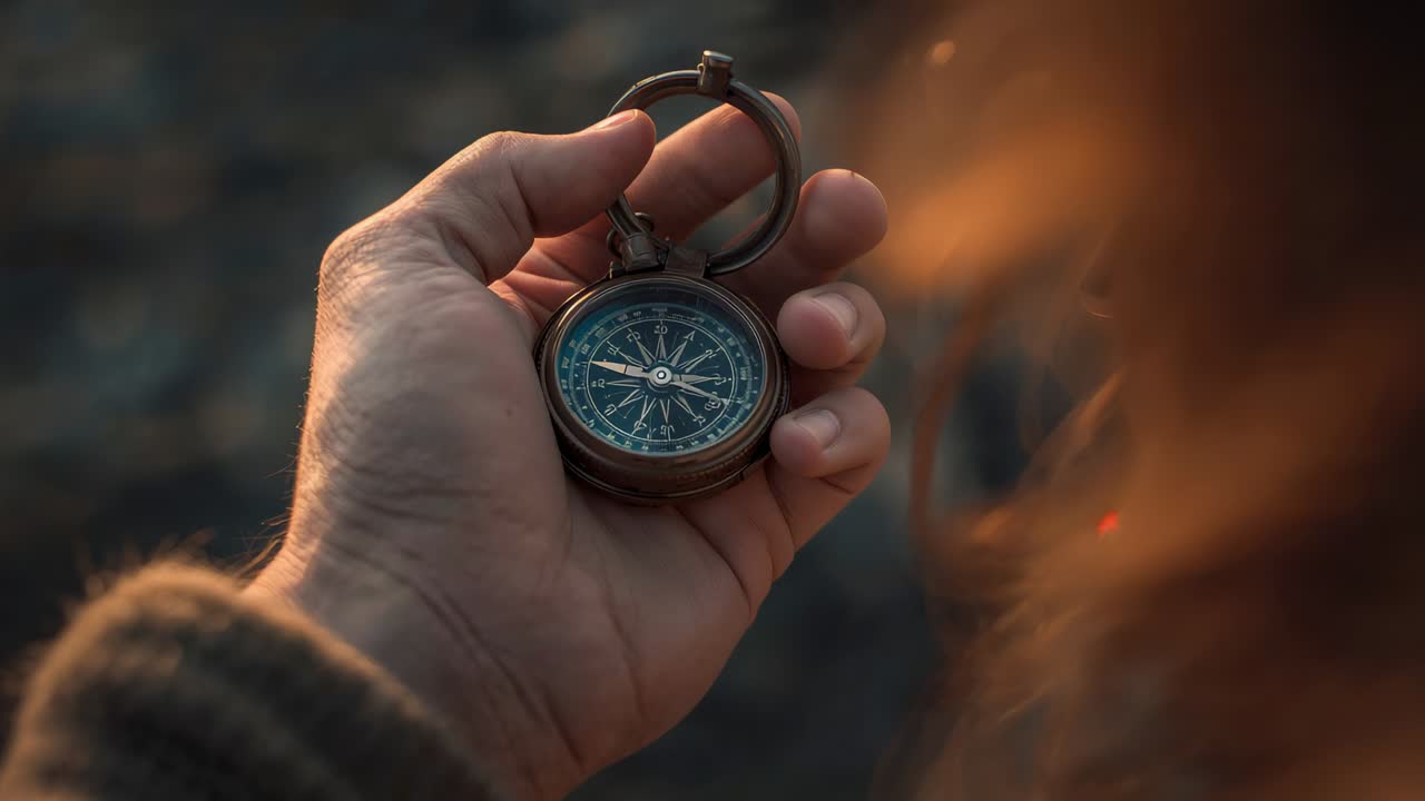 Adjusting hand rotating antique pocket compass on pebbles confirming direction at sunset, wool cuff
