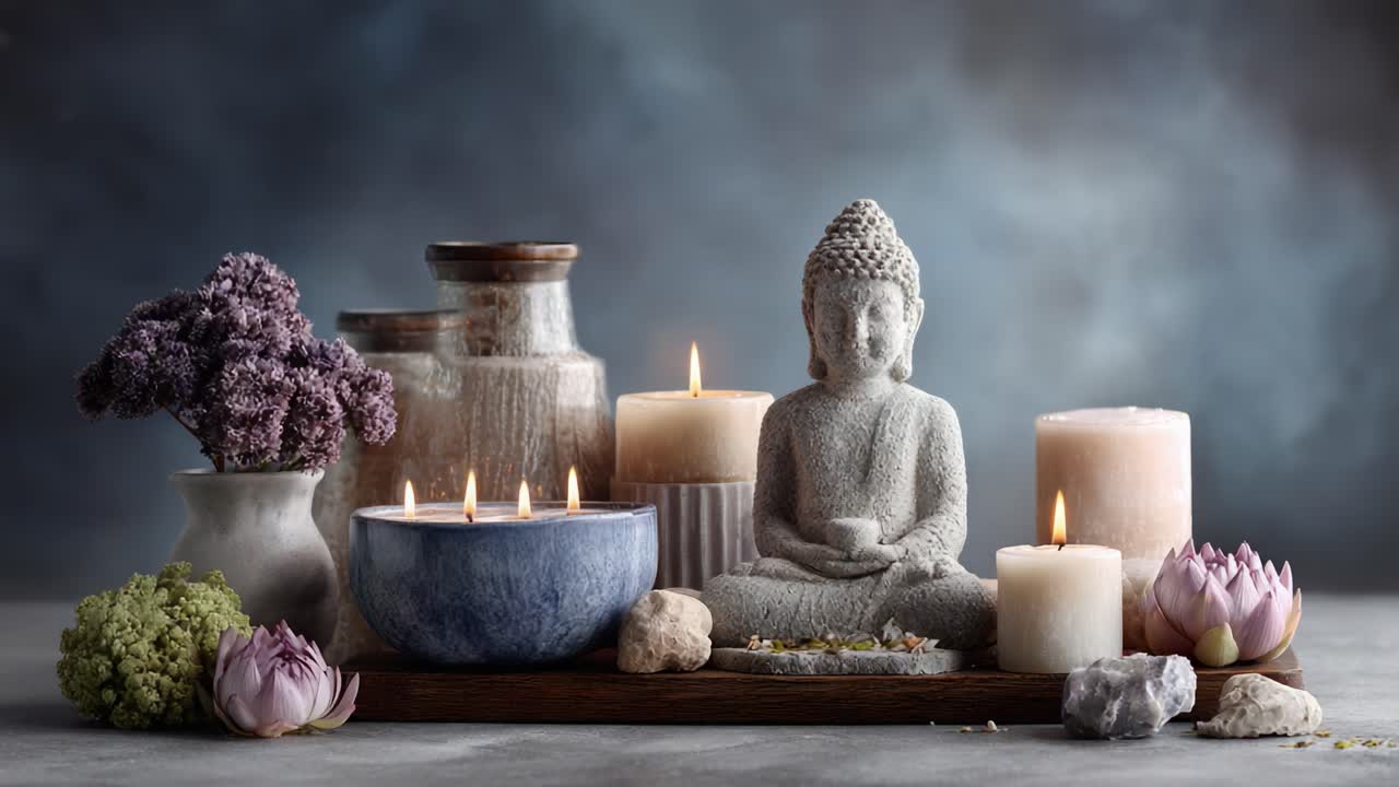 Una serena composizione di candele, statue di Buddha ed elementi naturali per la tranquillità e la riflessione.