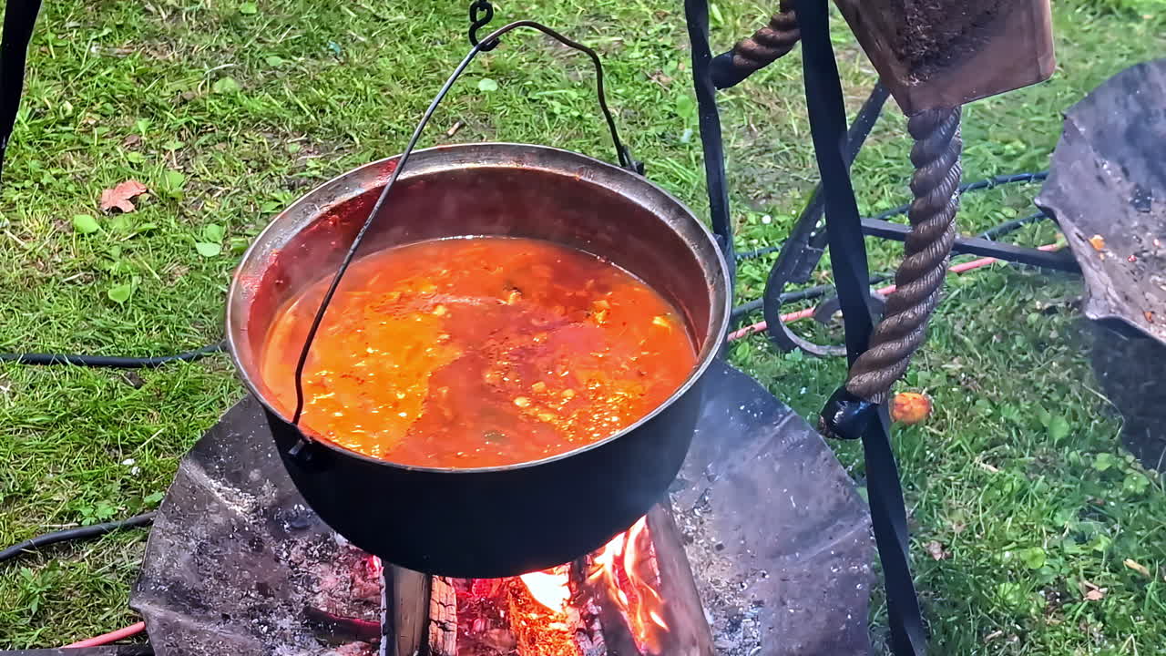 A Pot of Rich, Red Stew Simmers Over an Open Fire in a Grassy Outdoor Setting - Close Up
