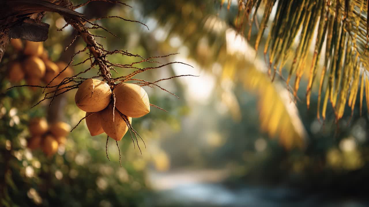 Golden Bunch of Tropical Fruits Hanging from a Lush Palm Tree, Captivating Morning Light Illuminates the Natural Beauty of the Outdoors in a Serene Setting