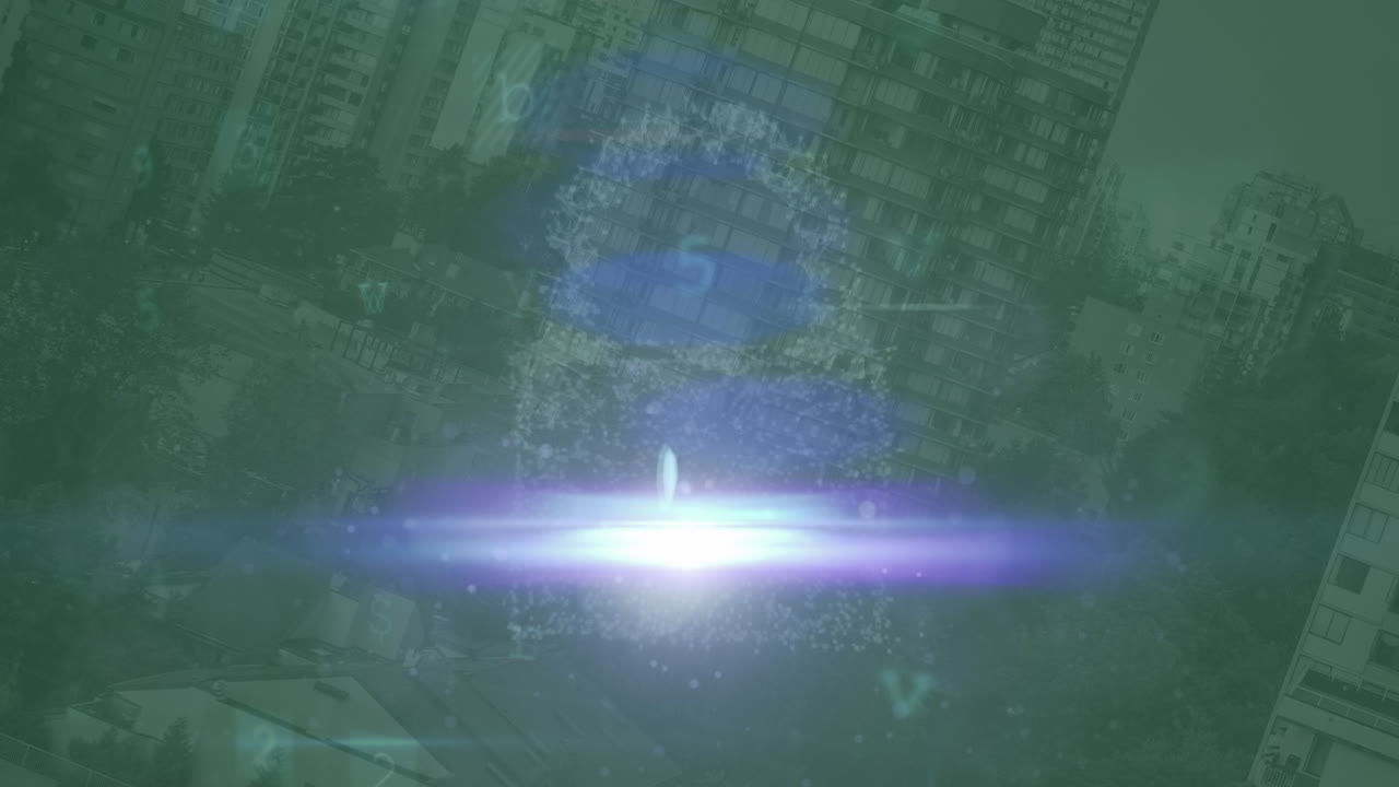 도시 풍경 위의 조명 트레일과 사이버 공격 경고의 애니메이션