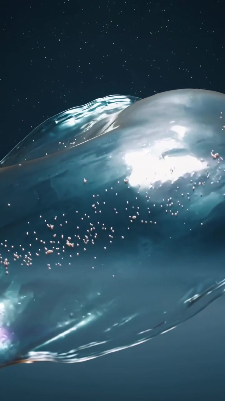 Vertical video: Entering left sheer membrane bulging, carrying glints over navy sky showing horizon