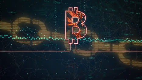 animación de signo de bitcoin con placa de circuito a través de blockchain y procesamiento de datos