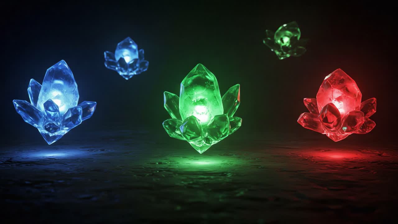 A Stunning Display of Colorful Crystals: A Vibrant Showcase of Blue, Green, and Red Luminescent Gemstones Sparkling Against a Dark Background