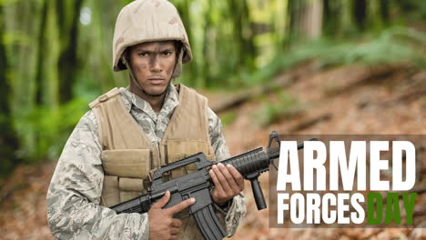 animation of armed forces day text over biracial male soldier